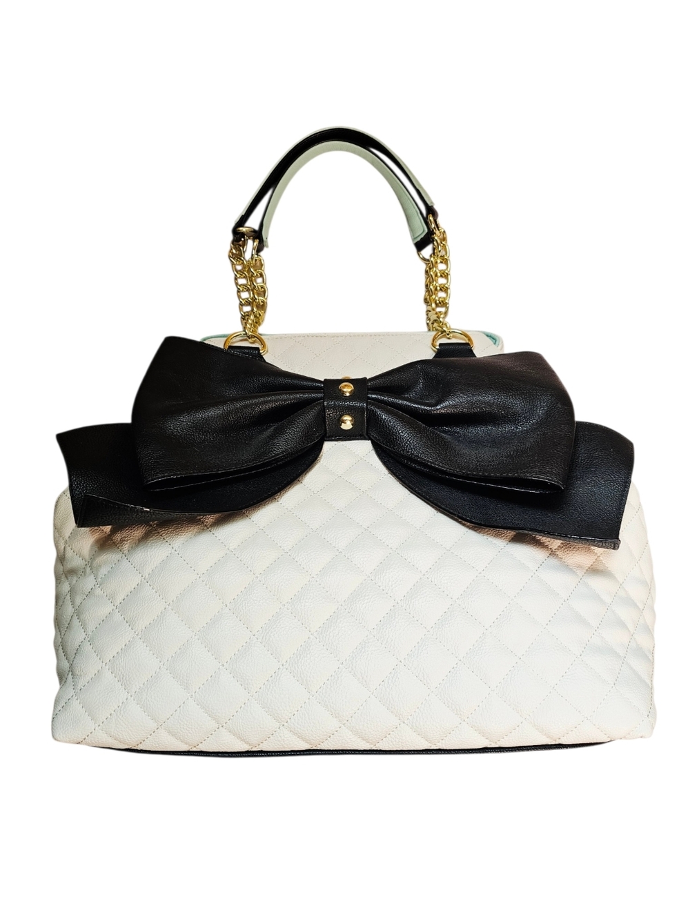 Betsey Johnson Quilted Cream/Black Trap Tote Purse Bag - Picture 8 of 16